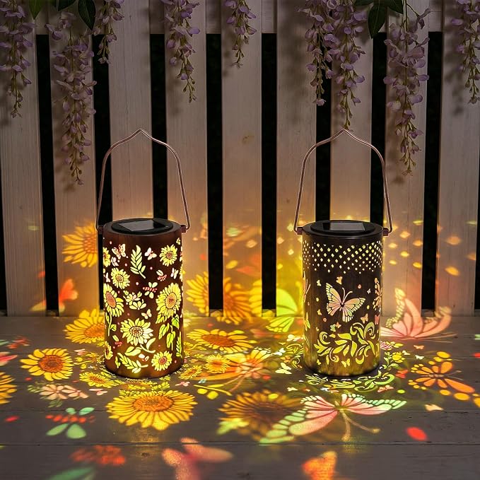 2 Pack Colorful Solar Lanterns Outdoor Waterproof - [Sunflower + Butterfly] - Decorative Outdoor Solar Hanging Lanterns for Porch Courtyard Table Path Garden Decor, Gifts for Mom Wife Grandma Women