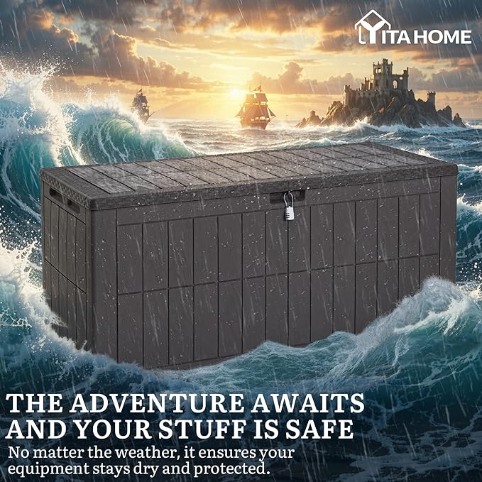 YITAHOME 134 Gallon Large Outdoor Storage Box with Lock | Waterproof Deck Box with Hydraulic Piston for Garden Tools, Pool Accessories & Cushions, Resin Deck Organizer with Bench Seat
