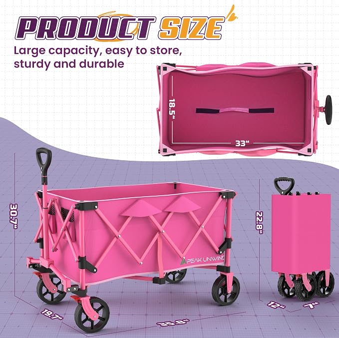 Wagons Carts Foldable,Collapsible Wagon with Wheels,450LBS Heavy Duty Beach Wagon Cart,Lightweight Portable Folding Utility Wagon Cart with Cup Holders for Camping, Garden, Sports, Grocery pcs (Pink)