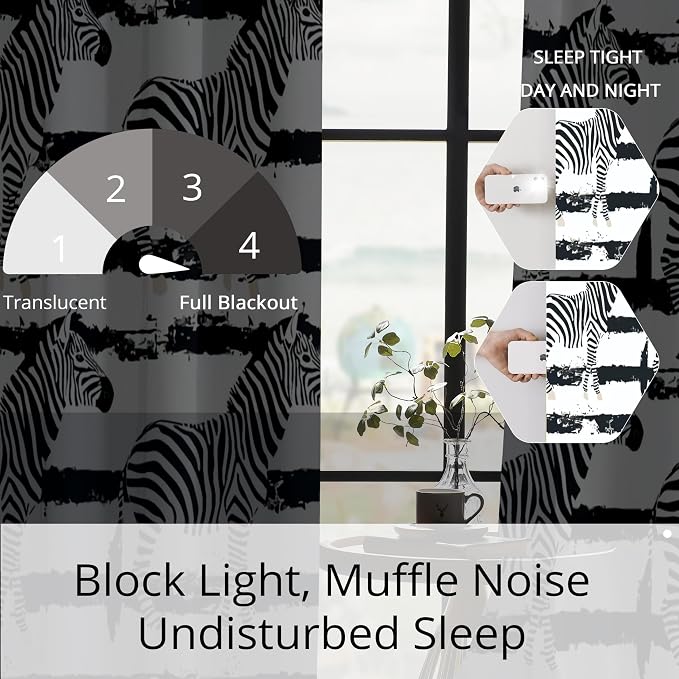 Black and White Zebra Print Blackout Curtains for Bedroom, Modern Animal Stripe Window Drapes, 100% Light Blocking Curtains for Living Room, Grommet Top 52 x 84 Inches, 2 Panels