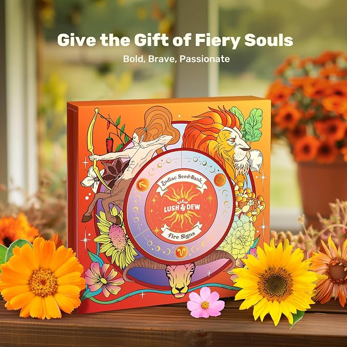 Lush&Dew Zodiac Garden Seed Bank Fire Signs, Gardening Gifts for Women Men | 12 Varieties USA-Sourced Non-GMO Heirloom Vegetable Flower Seed Kit, Handcraft Storage Box with Moon Calendar, USDA Zone 3-11