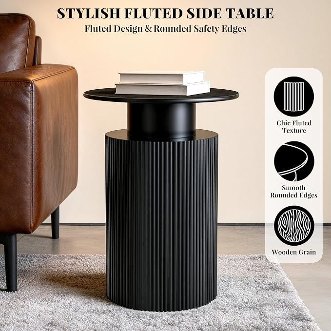 Fluted Side Table with Storage,24" Round Reversible Wood End Table | Mid Century Mdf Wood Bedside Nightstand,End Table for Small Spaces, Bedroom or Living Room