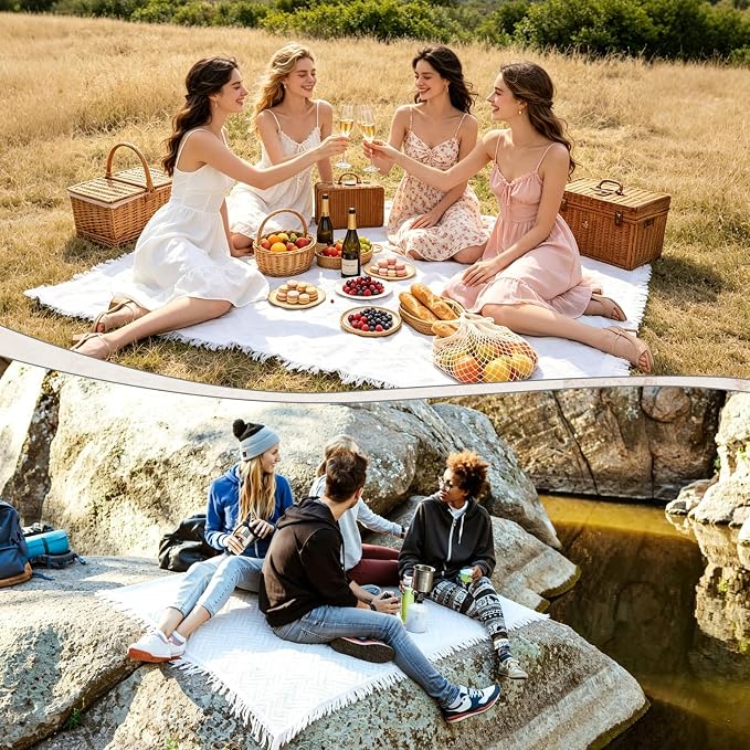 91'' x 71''Extra Large Outdoor Boho Picnic Blanket,Woven Cotton Yarn Blanket with Fringe for Boho Decor Camping Lawn Wedding Photoshoot Beach Park Grass (White)