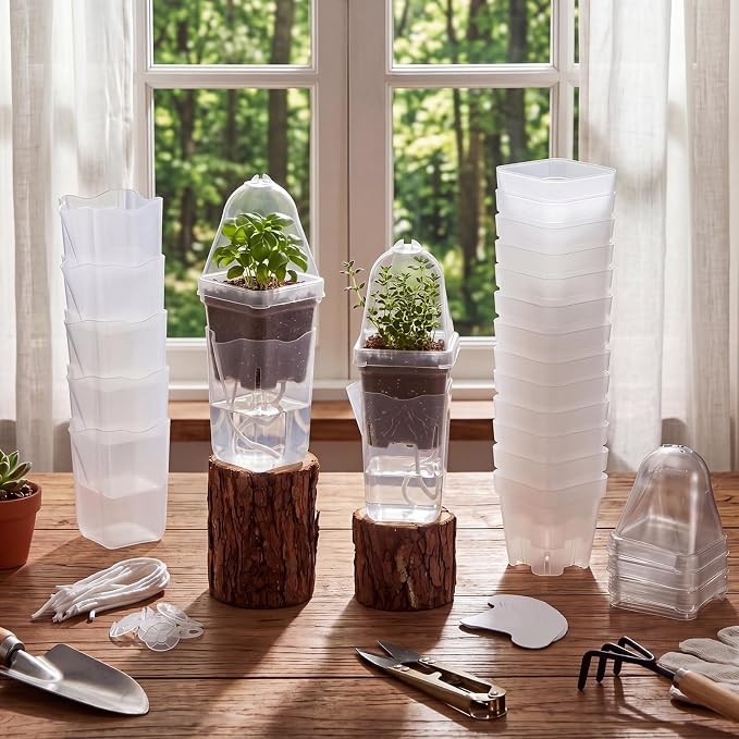 24 Pack 2.5" Small Self Watering Pots with Humidity Dome Clear Plastic Seed Starter Cups with Label Water Level and Drainage Holes for Cutting, Seedling, Propagation, Succulents, and Herbs