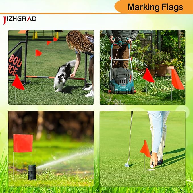 100Pack Orange Marking Flags, JIZHGRAD 16x4x5 Inch Marker Flags Use for Yard & Lawn, Boundary & Dog Training, Survey & Landscape, Sprinkler & Surveyor, Garden & Construction, High Visibility, Sturdy, Versatile, UV & Weather Resistant