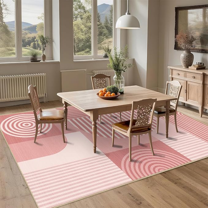 Area Rug 6x9 Living Room Pink Geometric Rug Machine Washable Minimalist Line Mid Century Modern Area Rugs Non Slip Low Pile Large Dining Room Indoor Floor Carpet for Bedroom Office,Pink
