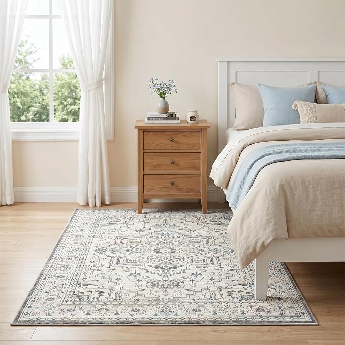 Vintage Washable Area Rug 4x6, Non-Slip Low-Pile Elegant Persian Carpet for Office Kitchen Bedroom Entryway, Stain Resistant Traditional Indoor Small Rug, Neutral Cream Blue
