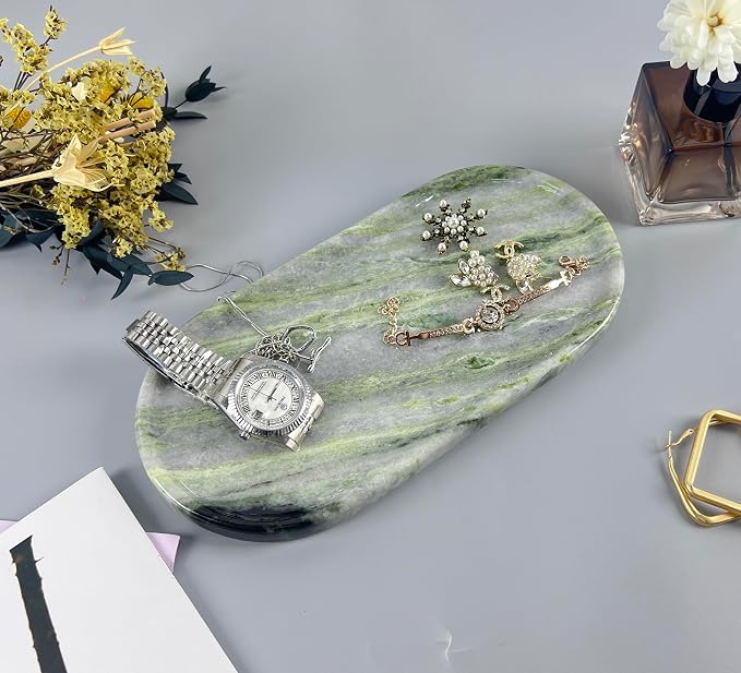 Green Marble Vanity Tray 9.8", Natural Stone Organizer for Bathroom | Luxury green marble tray, polished non-slip base, Perfect for jewelry, perfumes, décor. Unique pattern, ideal gift for her.