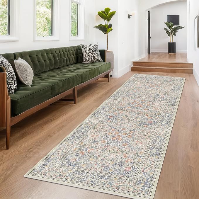 Vintage Beige Blue 3x12 Runner Rug for Hallway, Kitchen, Bathroom, Entryway Indoor, Washable Non Slip Rubber Backing Stain Resistant - Botanical Home Decor