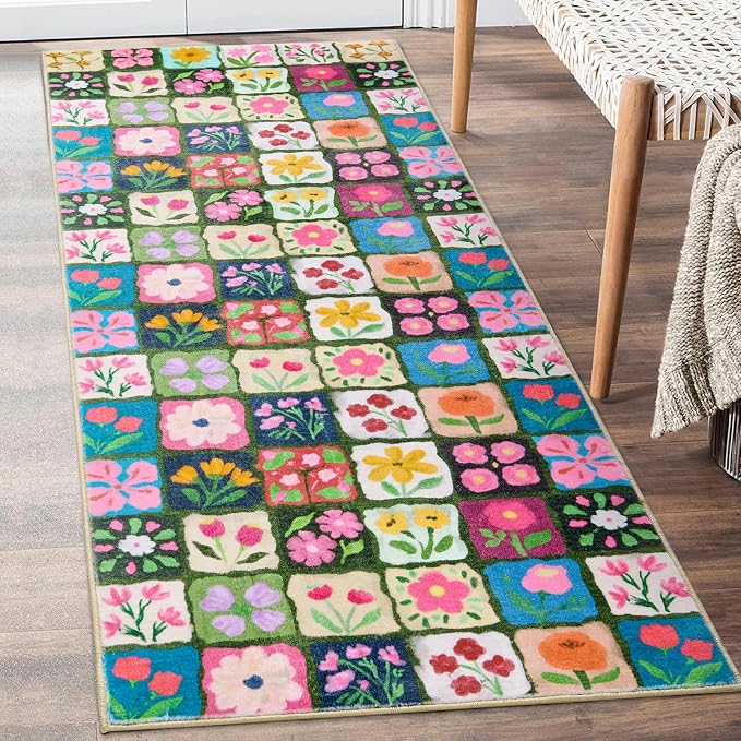 Vintage Floral 2x6 Runner Rugs Non Slip, Thin Country Colorful Flowers Botanical Indoor Hallway Rug Washable, Cute Boho Aesthetic Runner Carpet for Kitchen Bedroom Laundry Entryway