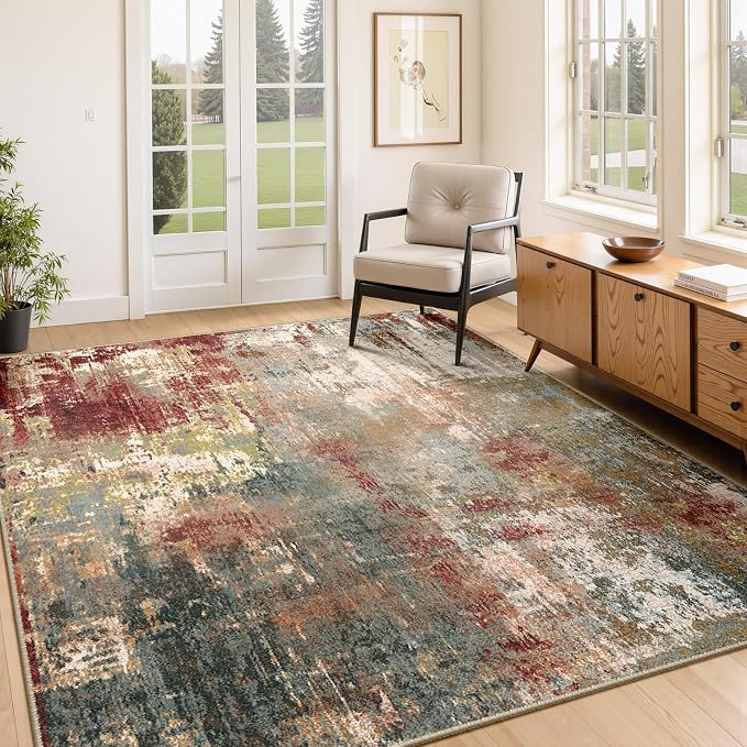 RELEANY Washable 4'x5' Abstract Area Rug for Living Room Rustic Brown | Carpet for Bedroom, Kitchen, Office, Hallway and Entryway, Printed Pattern, Non‑Slip, Soft, Stain‑Resistant, Easy to Clean