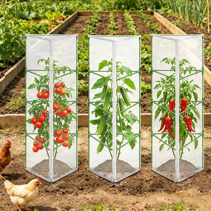 3 Pcs Garden Bird Netting Plant Cover for Triangle Tomato Cage, 67" X 12.6" X 12.6" Tomato Trellis Plant Covers with Zipper & Drawstring for Vertical Climbing Plants, Vegetable and Flowers (No Cage)