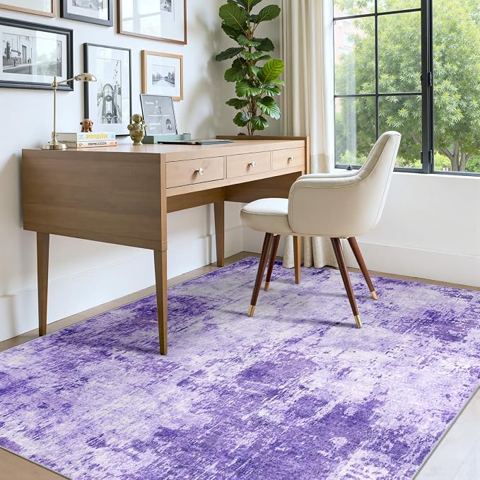 RELEANY Washable 4'x6' Abstract Area Rug for Living Room Purple | Carpet for Bedroom, Kitchen, Office, Hallway and Entryway, Printed Pattern, Non‑Slip, Soft, Stain‑Resistant, Easy to Clean