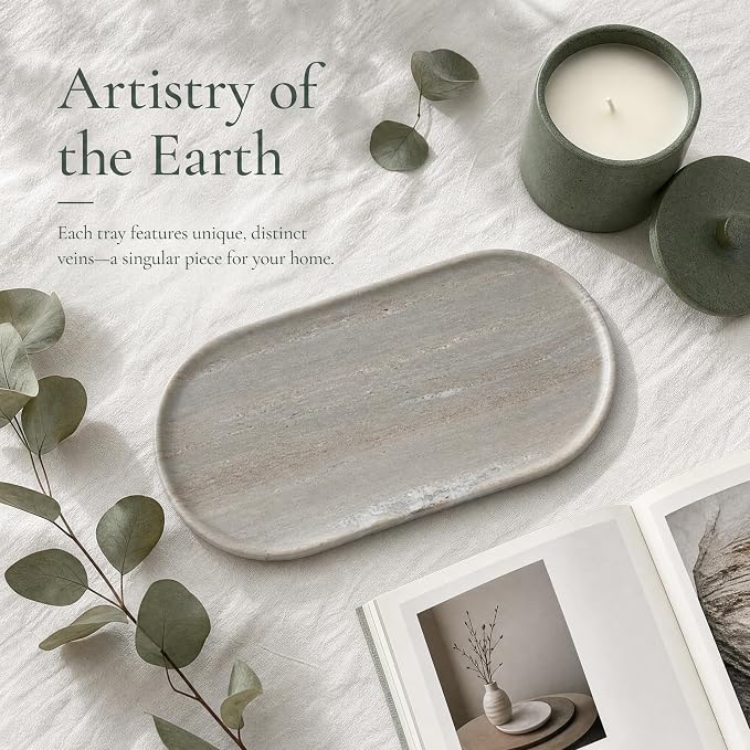 Genuine 100% Natural Marble Tray, Luxury Light Grey Stone Vanity Tray | 11.8" x 5.9" Decorative Oval Trays for Countertop Storage, Bathroom, Dresser, Kitchen, Home Decor, Jewelry Makeup Organizer