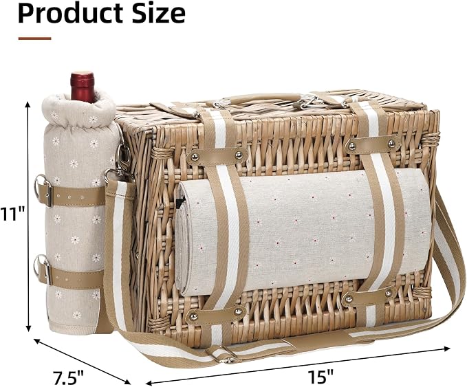 G GOOD GAIN Picnic Basket for 2-19Pcs Wicker Picnic Set with Waterproof Blanket & Wine Bag| Large Picnic Hamper with Insulated Cooler & Cutlery Kit for Couples Camping,White Flower