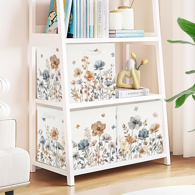 Clastyle Flowers Storage Cube Organizer Set Handle Closet Clothes Cube with Metal Frame Foldable Parents Organizer Storage Basket for Book Toy,Boho Brown,11.8x11.8x11.8 in