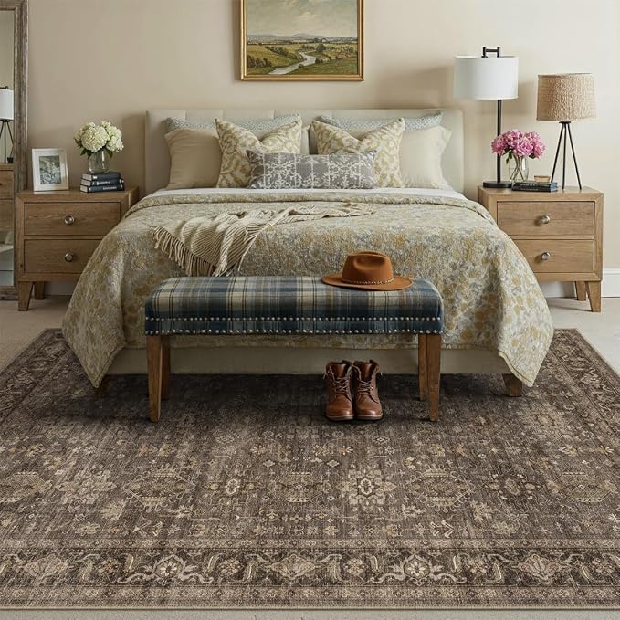 8x10 Dark Brown Vintage Area Rug | Washable, Non Slip, Soft Low Pile, Traditional Farmhouse, Large, for Living Room Bedroom Dining Room Indoor