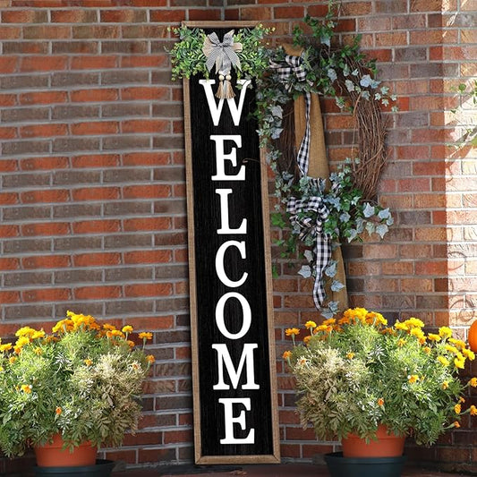 flowtorely Outdoor Welcome Sign for Front Porch Standing 45"×9" Tall Wood Frame Vertical Leaner farmhouse Outside Rustic Large Welcome Sign for Front Door Home Decorations (Wood)
