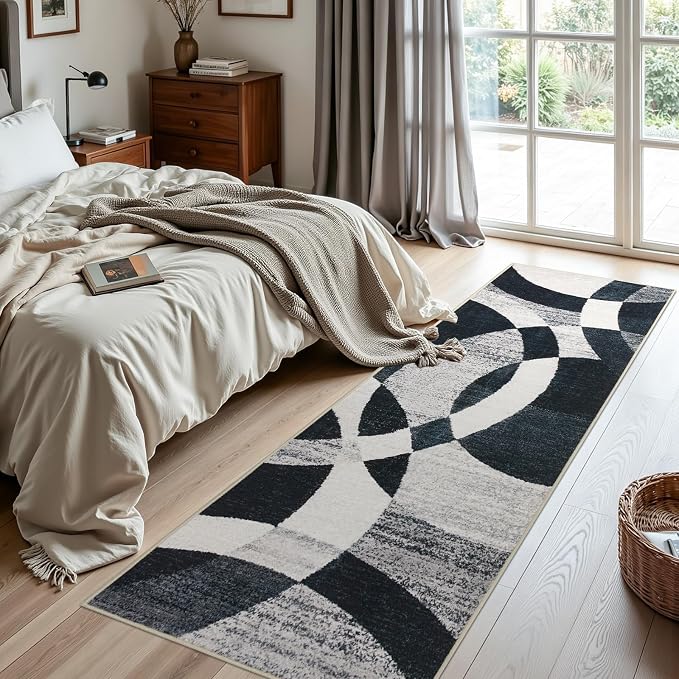 Joydeco 2x6 Geometric Washable Hallway Runner Rug, Black Grey White | Modern Non-Slip Low Pile Soft Stain Resistant Dark Gray Pet Child Friendly Carpet for Bedroom Entryway Kitchen Laundry Room