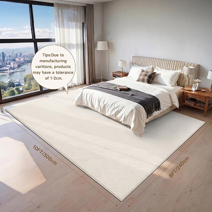 8x10 Living Room Area Rug, Beige Soft Geometric Fluffy Bedroom Mat | Washable Modern Indoor Floor Mat, Non Slip Shaggy Boho Accent Throw Carpet for Office, Dorm, Nursery and Dining Room