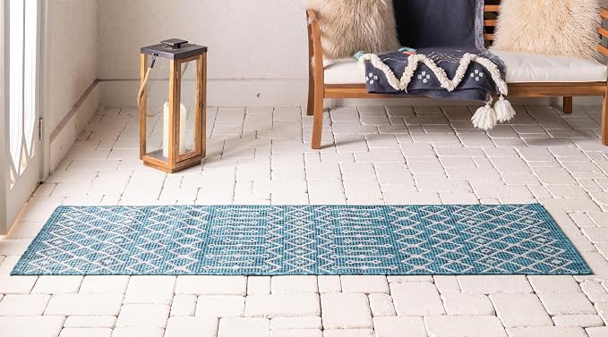 Unique Loom Outdoor Trellis Collection Area Rug - Tribal Trellis (2' x 8' Runner, Teal/ Ivory)