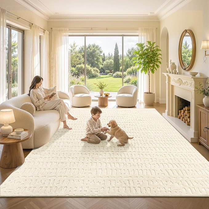 Yamaziot Washable 8x10 Area Rugs for Living Room Textured Non Slip, Beige | Modern High-Low Geometric Pattern, Soft Fluffy, Neutral, Minimalist Floor Carpet for Bedroom Dining Room Nursery Kids Room