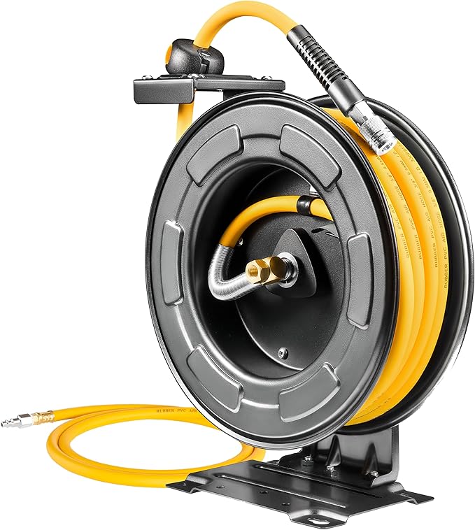 AIRZILLA Steel Retractable Air Hose Reel 3/8" Inch x 50' Feet Hybrid Polymer Hose, Heavy Duty Air Hose Reel included Auto Rewind Reel | Quick Air Coupler | Heavy Duty Steel Frame