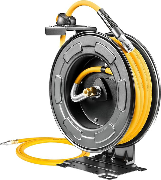 AIRZILLA Steel Retractable Air Hose Reel 3/8" Inch x 50' Feet Hybrid Polymer Hose, Heavy Duty Air Hose Reel included Auto Rewind Reel | Quick Air Coupler | Heavy Duty Steel Frame
