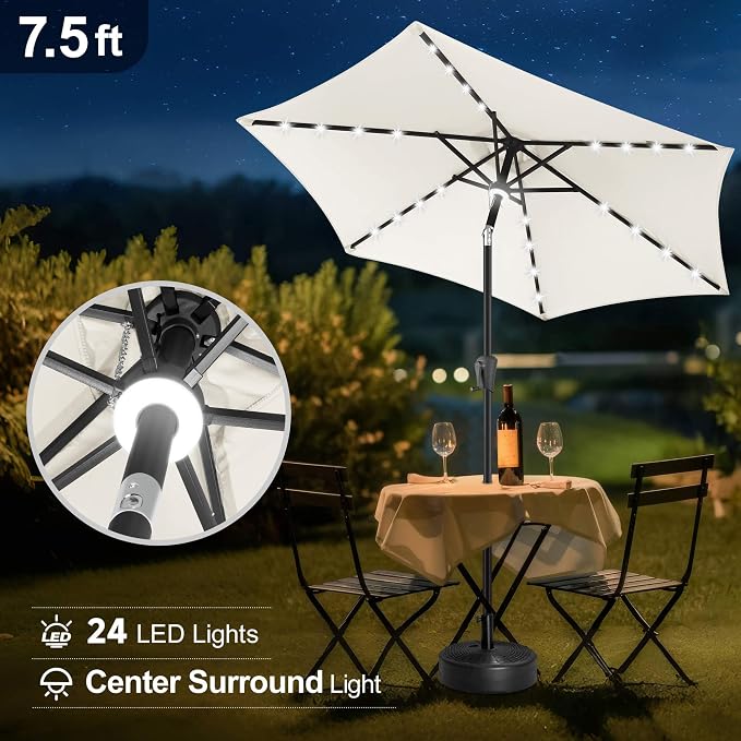 FLAME&SHADE 7.5 FT Solar Light Patio Umbrella, 24 LED Lights Outdoor Umbrella with Centre Surround Light, Table Umbrella Outdoor Patio for Deck, Pool, Backyard, Garden, UV Protection (Ivory)