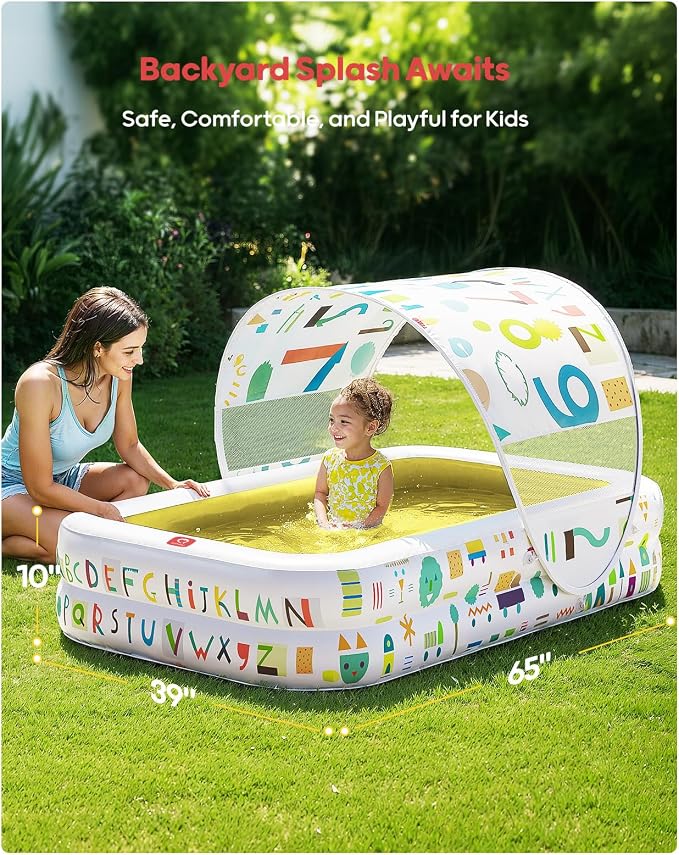 QPAU Baby Pool with Canopy, Inflatable Design, 65 x 39 in, Yellow | Inflatable Design with Soft Cushioned Floor, Converts to a Ball Pit for Kids and Toddlers, for Indoor and Backyard Play