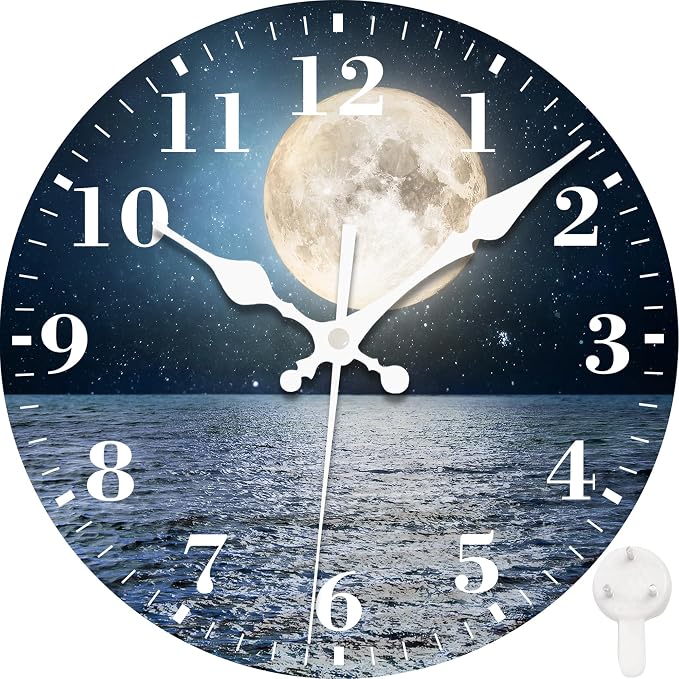 Wall Clocks Battery Operated, Full Moon Over The Sea Silent Non Ticking Decorative Indoor Outdoor Wall Clocks for Living Room Kitchen Bedroom Bathroom 12"