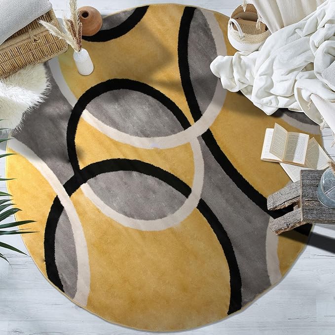 Rugshop Abstract Circles Contemporary Jute Backing Round Rug Yellow 6'6" | Round, Size 6'6", Living Room, Bedroom, Dining Room, Home Office, Kitchen, Entryway, Hallway, Nursery, Kids Room, Guest Room
