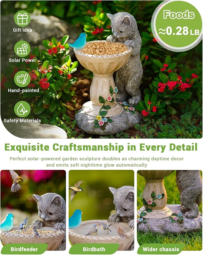 Nacome Solar Cat Statue for Garden Decor: IP44 Weatherproof Resin with Automatic Lighting - No Installation- Outdoor Yard Patio Balcony Art - Birthday Gifts for Bird Lovers Mom Grandma Women | Outdoor Yard Patio Balcony Front Decorations, Birthday Gift...