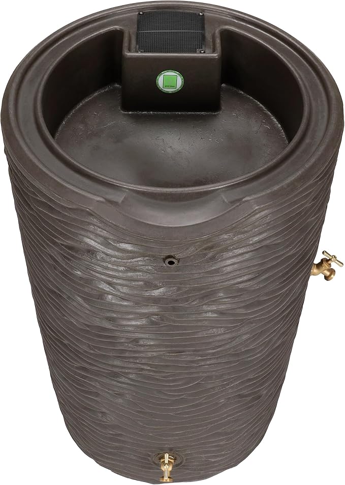 Good Ideas Impressions 50-Gallon Rain Saver Barrel Faux Palm Trunk Surface, Dual Spigot Locations with 2 Brass Spigots and Screen, Oak