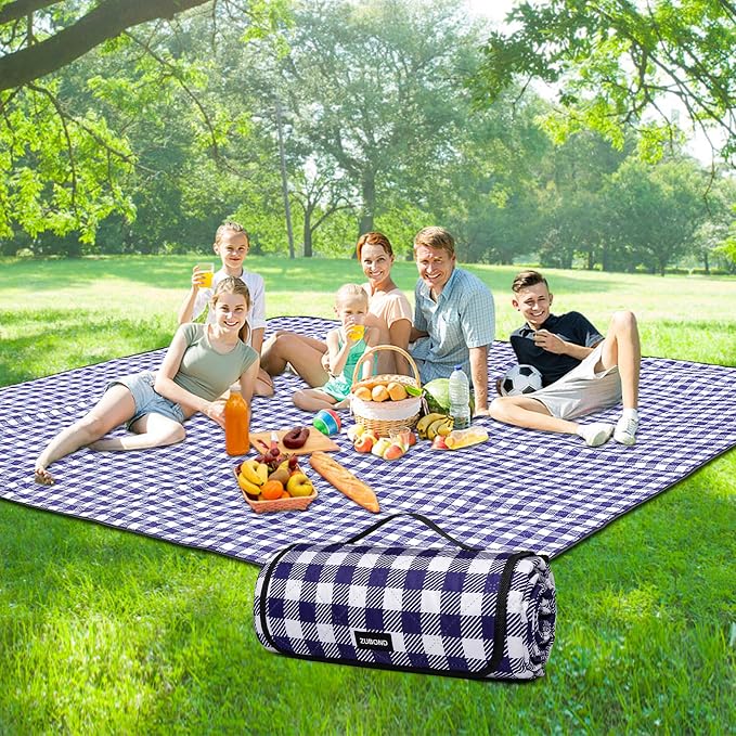 ZUBOND 80''x100'' Extra Large Picnic Beach Blankets Waterproof Sandproof Foldable, Machine Washable Simple Stylish Gingham Outdoor Blankets Grass Lawn Park for Family Camping Party