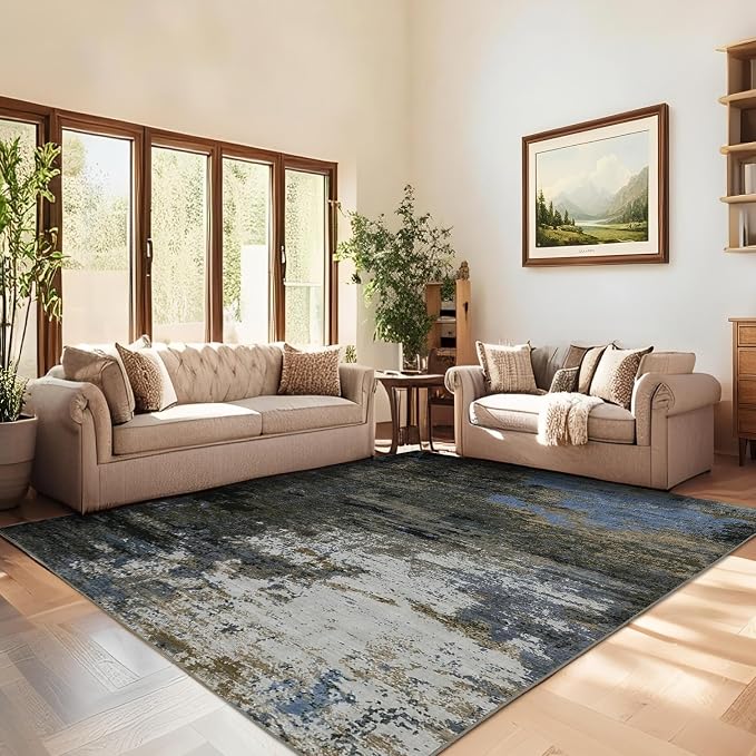 GarveeHome 4x6 Washable Area Rug Modern Abstract Gray Brown | Non-Slip Backing, Stain-Resistant Low Pile Floor Cover, Colorful Indoor Mat, Bedroom, Kitchen, Laundry