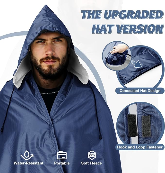 Large Waterproof Outdoor Picnic Blanket 80"x 58" | Windproof Lightweight Stadium Blanket, Packable, Stay Dry and Comfortable for Camping, Sports, Travel - Blue Hooded