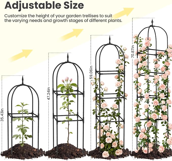 2 Pack 70.87" Garden Obelisk Trellis for Climbing Plants – Rustproof Metal Plant Tower, Pyramid Design for Roses, Clematis, Jasmine, and Vegetable Vines, Indoor & Outdoor Use, Black