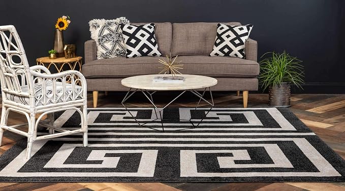 Unique Loom Athens Collection Classic Geometric Modern Border Design Area Rug (8' 0 x 8' 0 Square, Black/ Beige)