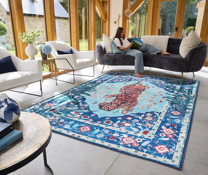 6x9 FT Leopard Rug for Living Room Vintage Animal Rug Aesthetic Rugs for Girls Room Nursery Bedroom Home Office Dorm Thin Bright Blue Carpet (Blue, 6X9 FT)