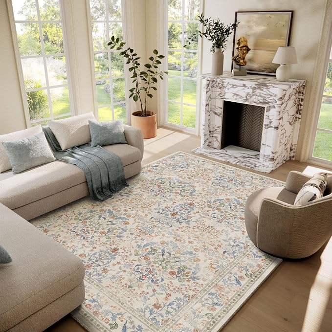 Washable Area Rugs for Living Room: 6x9 Bedroom Rug Vintage Area Rug Stain Resistant Non Slip Low Pile Lightweight Soft Carpets for Dining Room Kitchen Nursery Kids Room Farmhouse Indoor