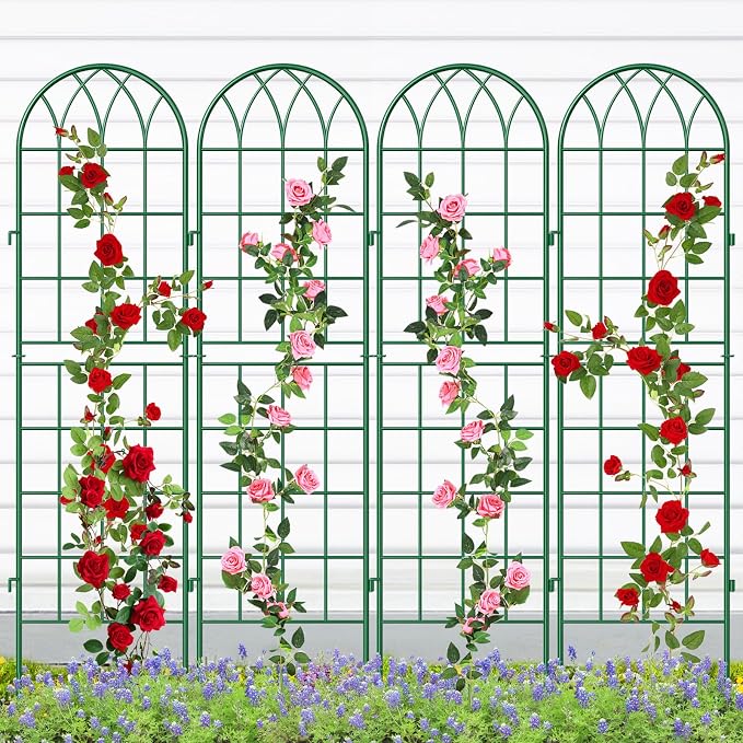 SUNYRISY 4Pack Metal Garden Trellis for Climbing Plants Outdoor, 59x16in Metal Plant Support for Flowers Tomato Cucumber Rose Vegetable Garden Courtyards Lawns Decoration, Green