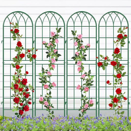 SUNYRISY 4Pack Metal Garden Trellis for Climbing Plants Outdoor, 59x16in Metal Plant Support for Flowers Tomato Cucumber Rose Vegetable Garden Courtyards Lawns Decoration, Green