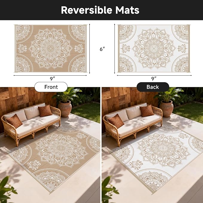 Pauwer Waterproof Outdoor Rug 6x9, Reversible Plastic Straw Patio Camping Rug, Indoor Outdoor RV Mat Carpet for Deck, Camper, Porch, Balcony, Backyard, Picnic, Floral Brown