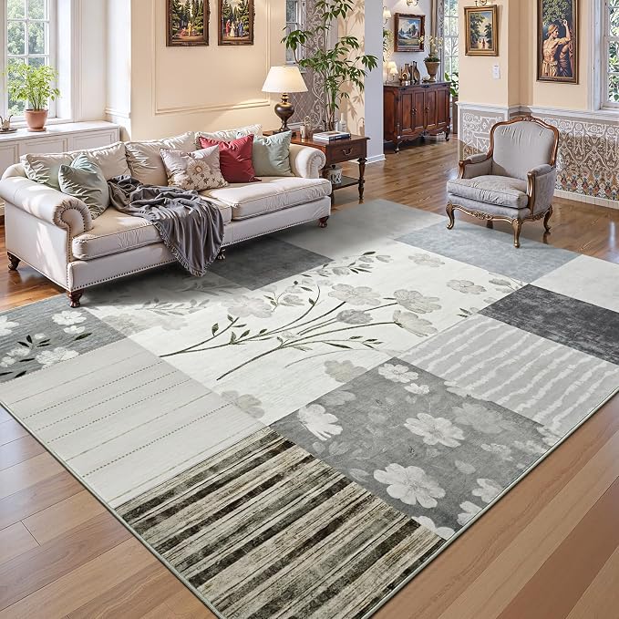 DweIke Floral Rugs for Living Room, 4x6 Washable Area Rug for Dining Room Farmhouse Office Bedroom Decor, Geometric Patchwork Stain Resistant Low Pile Indoor Floor Throw Rugs, Light Grey