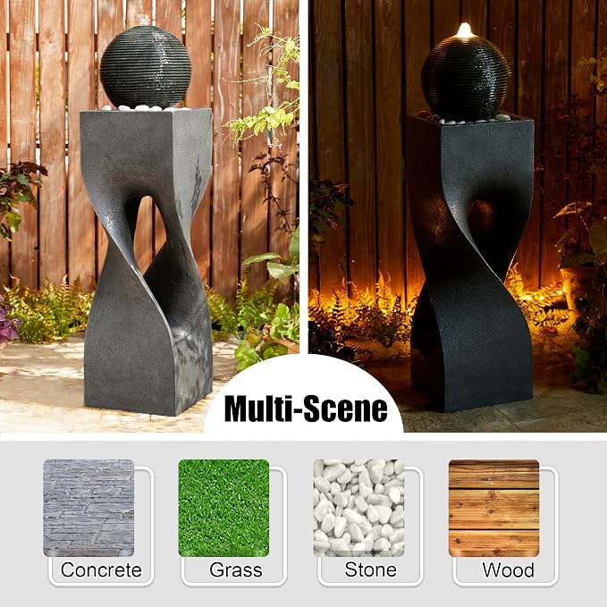 Glitzhome Modern Water Fountain Outdoor with LED Light, Oversized Geometric Outdoor Fountains and Waterfalls, Sphere Rock Fountain with Pebbles for Garden Backyard Patio, 40.5”H