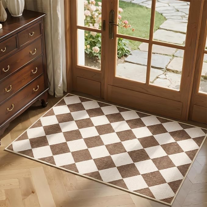 GarveeHome Checkered Entryway Rug 2x3 Brown Diamond Washable Front Door Rug | Soft Indoor Entrance Plaid Carpet Non-Slip Low Pile Throw Rugs for Kitchen Floor, Powder Room, Entry, Bathroom, Kids Room