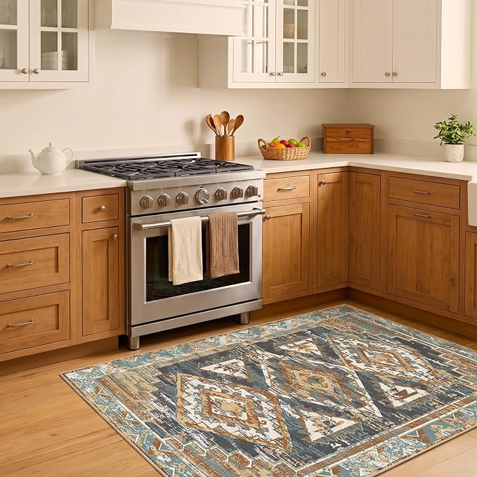 Washable 4x6 Area Rug for Office, Rustic Farmhouse Low-Pile Non-Slip Carpet, Stain Resistant Vintage Southwestern Small Rug for Kitchen Bedroom Entryway, Blue Rust Ivory