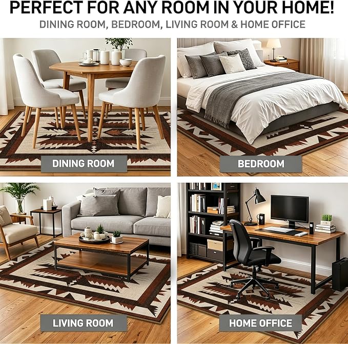 8x10 Western Aztec Area Rug for Living Room Bedroom Southwestern Rustic Large Rug Machine Washable Non-Slip Carpet for Dining Room Office