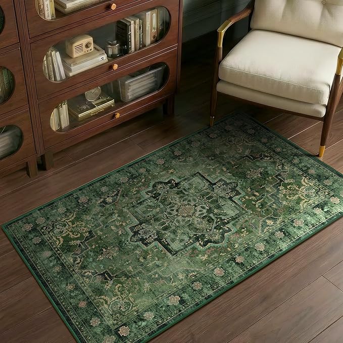 Dark Green Vintage Entryway Rug 3x5, Tranditional Medallion Distressed Throw Rug for Bedroom Bedside, Washable Non Slip Low Pile Small Area Rug for Living Room/Kitchen/Bathroom/Dorm/Closet
